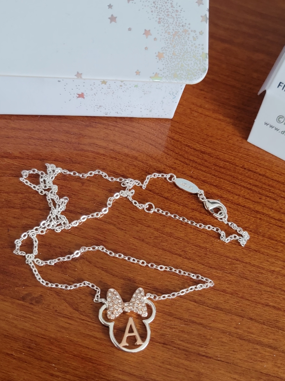 Silver Minnie Mouse Initial 'A' Necklace with Sparkle Bow